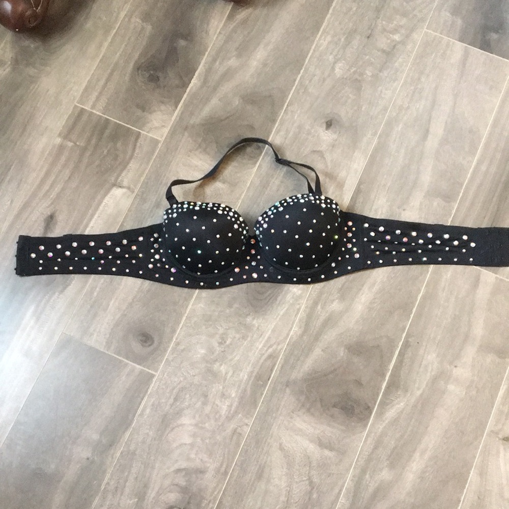 Rhinestone black bra with halter strap 34a